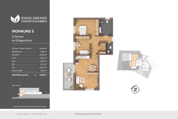Grundriss Wohnung Nr. 3der Immobilien: Stilvoll Wohnen: 3 Zimmer mit Balkon und Blick ins Grüne (Foto)