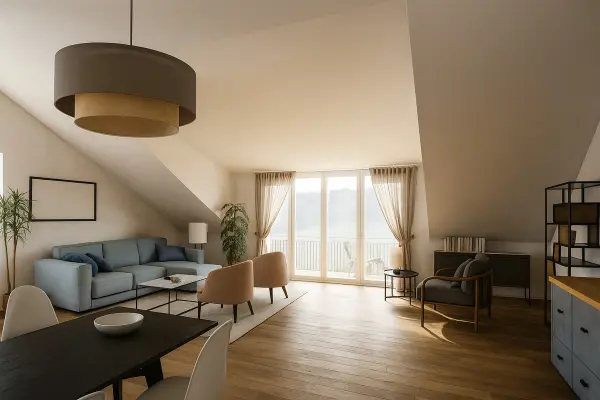 Visualisierung Wohn- und Essbereich der Immobilie: Traumhafte, schlüsselfertige Neubau-Dachgeschosswohnung mit Balkon und flexibler Raumaufteilung (Foto)