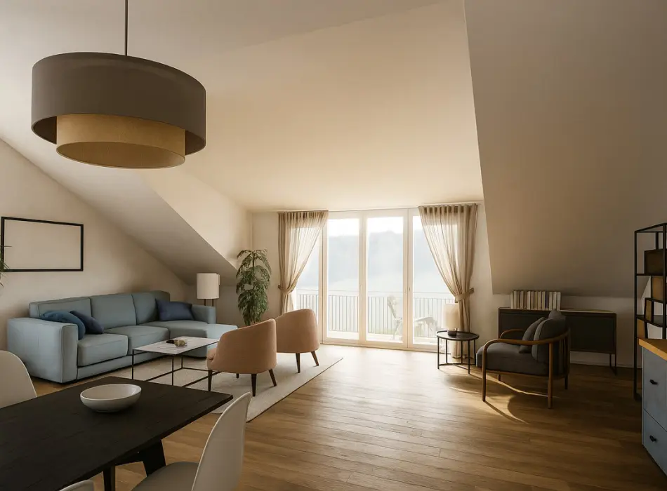 Visualisierung Wohn- und Essbereichder Immobilien: Traumhafte, schlüsselfertige Neubau-Dachgeschosswohnung mit Balkon und flexibler Raumaufteilung (Titelbild)