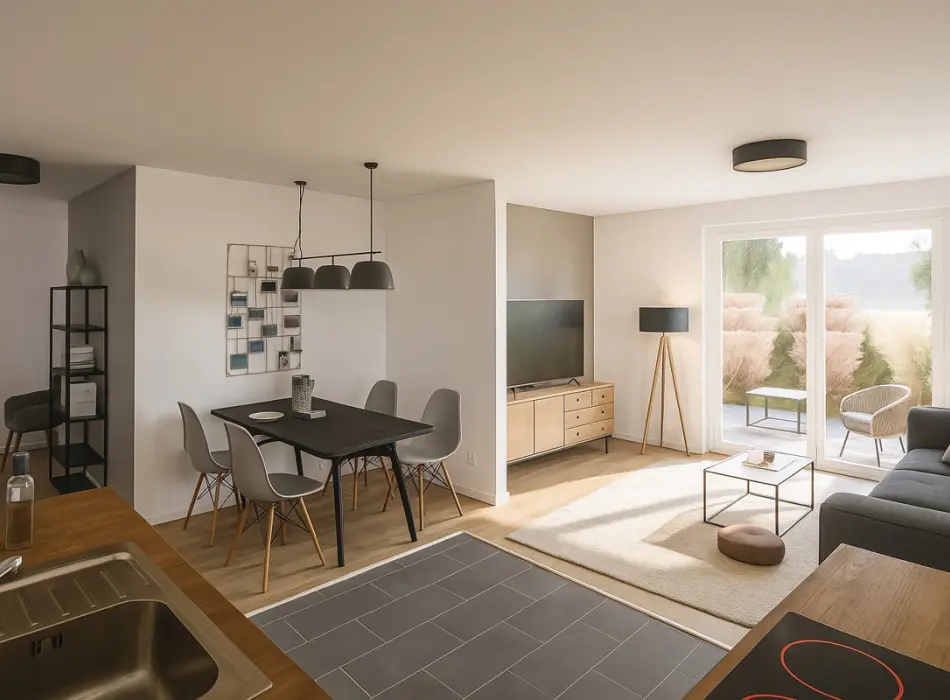 Visualisierung Wohn- und Essbereich der Immobilien: Letzte Gartenwohnung im Neubau – Gestalten Sie Ihr persönliches Traumzuhause (Titelbild)
