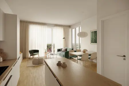 Visualisierung Wohn-und Essbereich der Immobilien: Kompaktes Wohnjuwel im Schnellermühlen Quartier– Charmantes 1-Zimmer-Apartment im Grünen (Foto)