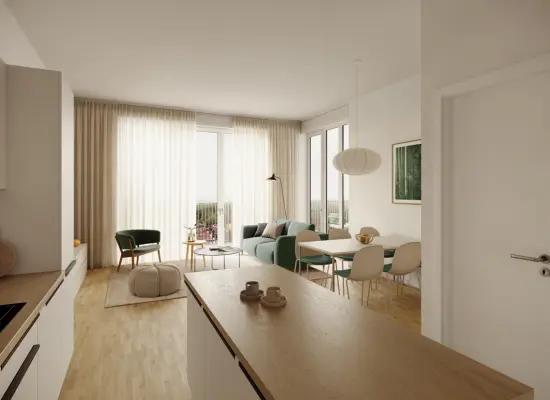 Visualisierung Wohn-und Essbereich  der Immobilie: Kompaktes Wohnjuwel im Schnellermühlen Quartier– Charmantes 1-Zimmer-Apartment im Grünen (Foto)