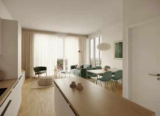 Visualisierung Wohn-und Essbereichder Immobilien: Barrierefreies und modernes Wohnen im Schnellermühlen Quartier (Foto)