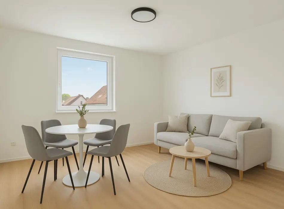 Visualisierung Wohnzimmer der Immobilien: „Mehr Raum für Deine Ideen – Moderne Neubauwohnung mit Loggia und Tageslichtbad“ (Titelbild)