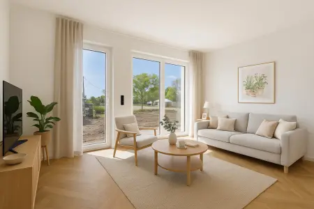 Visualisierung Wohnzimmer  der Immobilie: „Mehr als nur ein Haus – Dein neues Zuhause inmitten von Natur und Stil“ (Titelbild)
