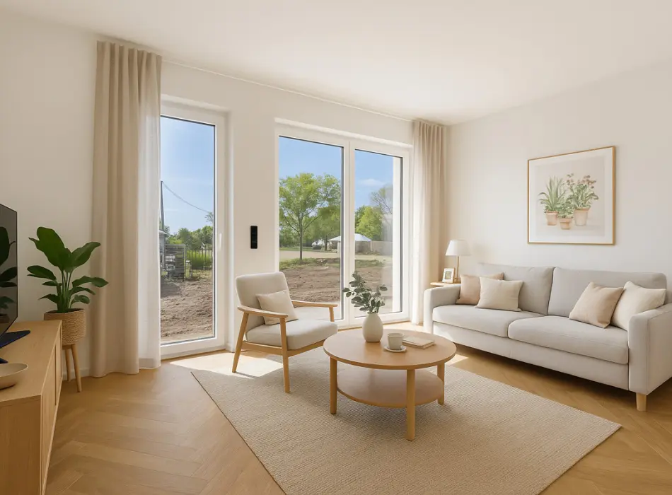 Visualisierung Wohnzimmer der Immobilien: „Mehr als nur ein Haus – Dein neues Zuhause inmitten von Natur und Stil“ (Titelbild)