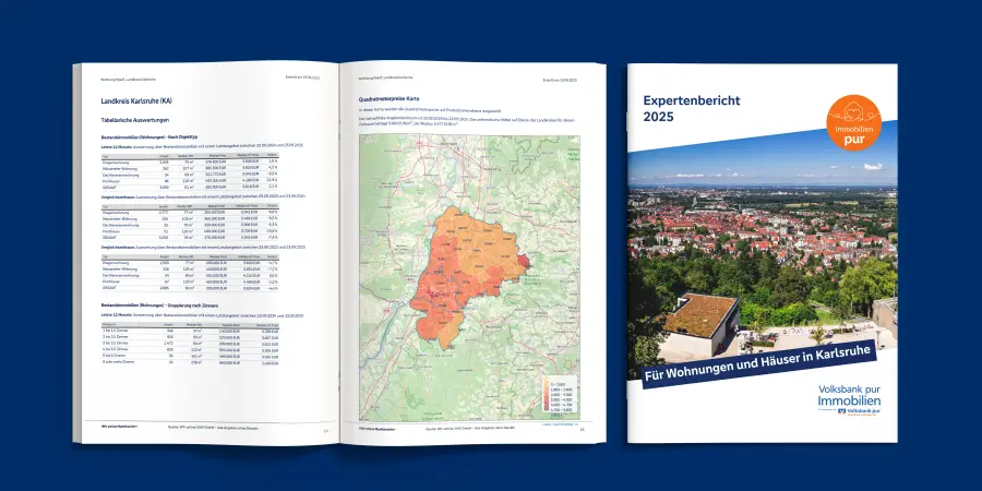 Karlsruhe Expertenbericht für Wohnungen und Häuser. Mockup mit dem Titel und einer Doppelseite aus dem Bericht.